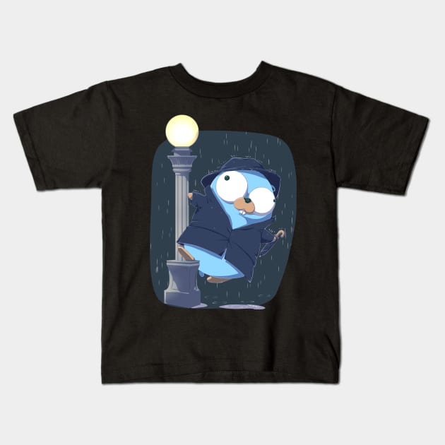 Golang Gopher Go Singing In The Rain Kids T-Shirt by clgtart
